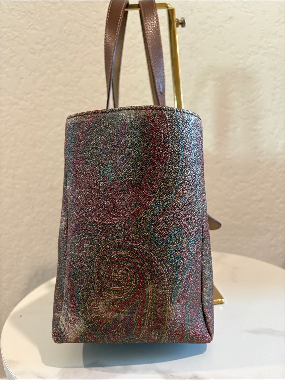 Etro Paisley Pattern Brown Leather-Trim Tote Bag - Picture 5 of 14